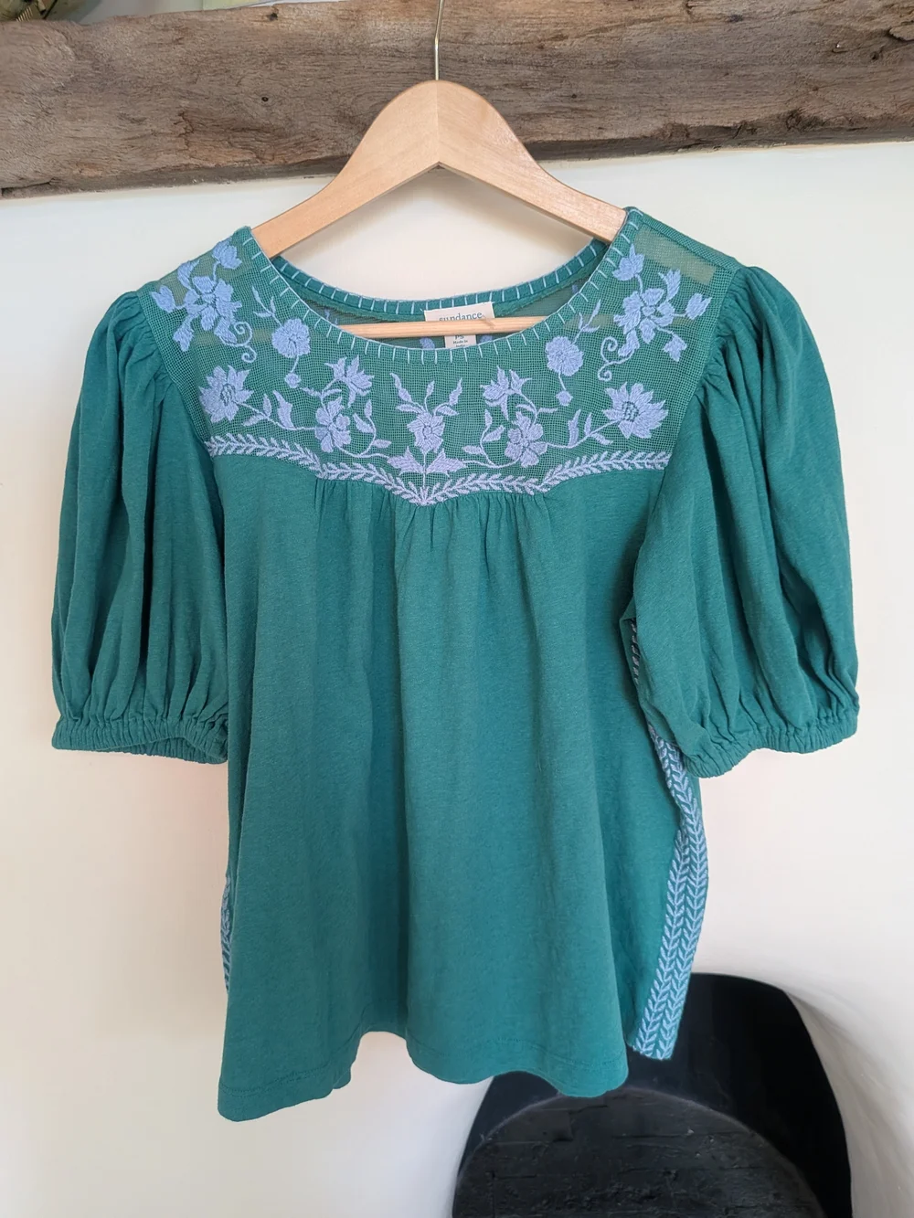 Madewell Teal Puff-Sleeve Embroidered Yoke Top